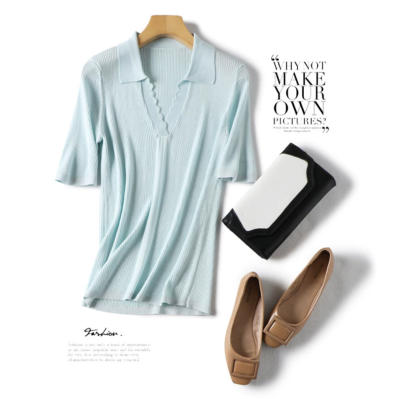 Гонконгский рис [хорошее качество, чтобы быть постоянным клиентом] ол Интеллектуальный элегантный простой тонкий короткий рукав свитер футболка