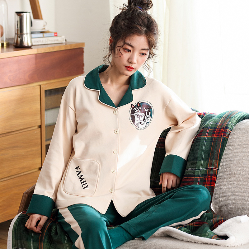 Pijamas de las mujeres de primavera y otoño de manga larga traje puro algodón más tamaño placket hebilla abierta suelta desgaste del hogar Otoño e Invierno moda