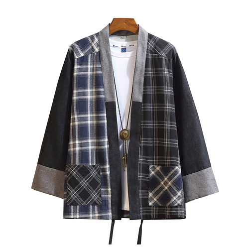 Shirt men national Plaid cardigan Kimono Hanfu tang suit t-shirt men large Daopao shirt