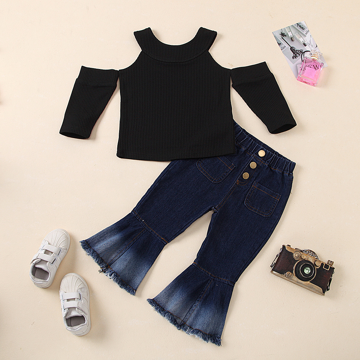 Solid Color Round Neck Strapless Jacket Denim Flared Trousers Children's Suit Wholesale Nihaojewelry display picture 17