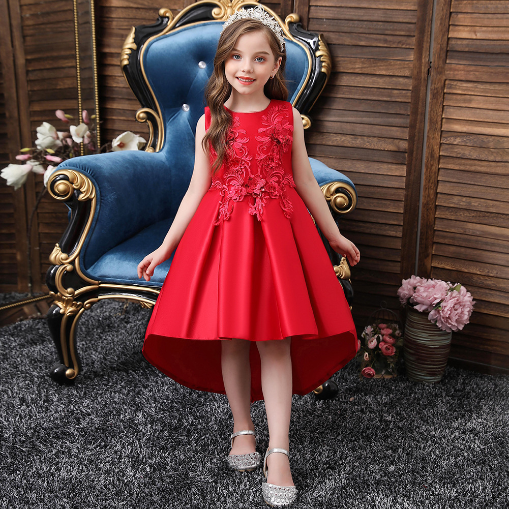 百慧童装女童公主礼服裙女孩红色拖尾连衣裙儿童走秀演出礼服批发