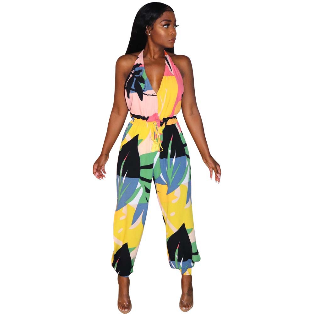 deep V bandage halter printed jumpsuit Nihaostyles wholesale clothing vendor NSTYF72924