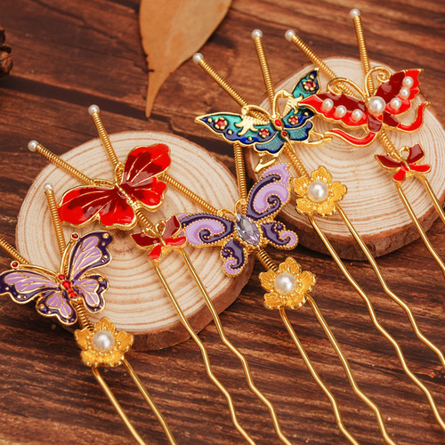 chinese hanfu hair accessory for girls Ancient spring joint flexible tentacle burning blue butterfly hairpin pair hairpin trembling branch hairpin Chinese Hanfu costume headdress