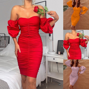 Red pleated dew shoulder party dress for women night club singers bar sexy bodycon prom dresses
