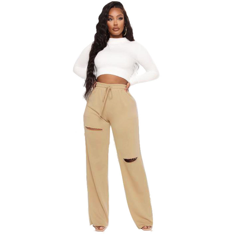 solid color high-waist ripped wide-leg sports trousers  NSHBG123788