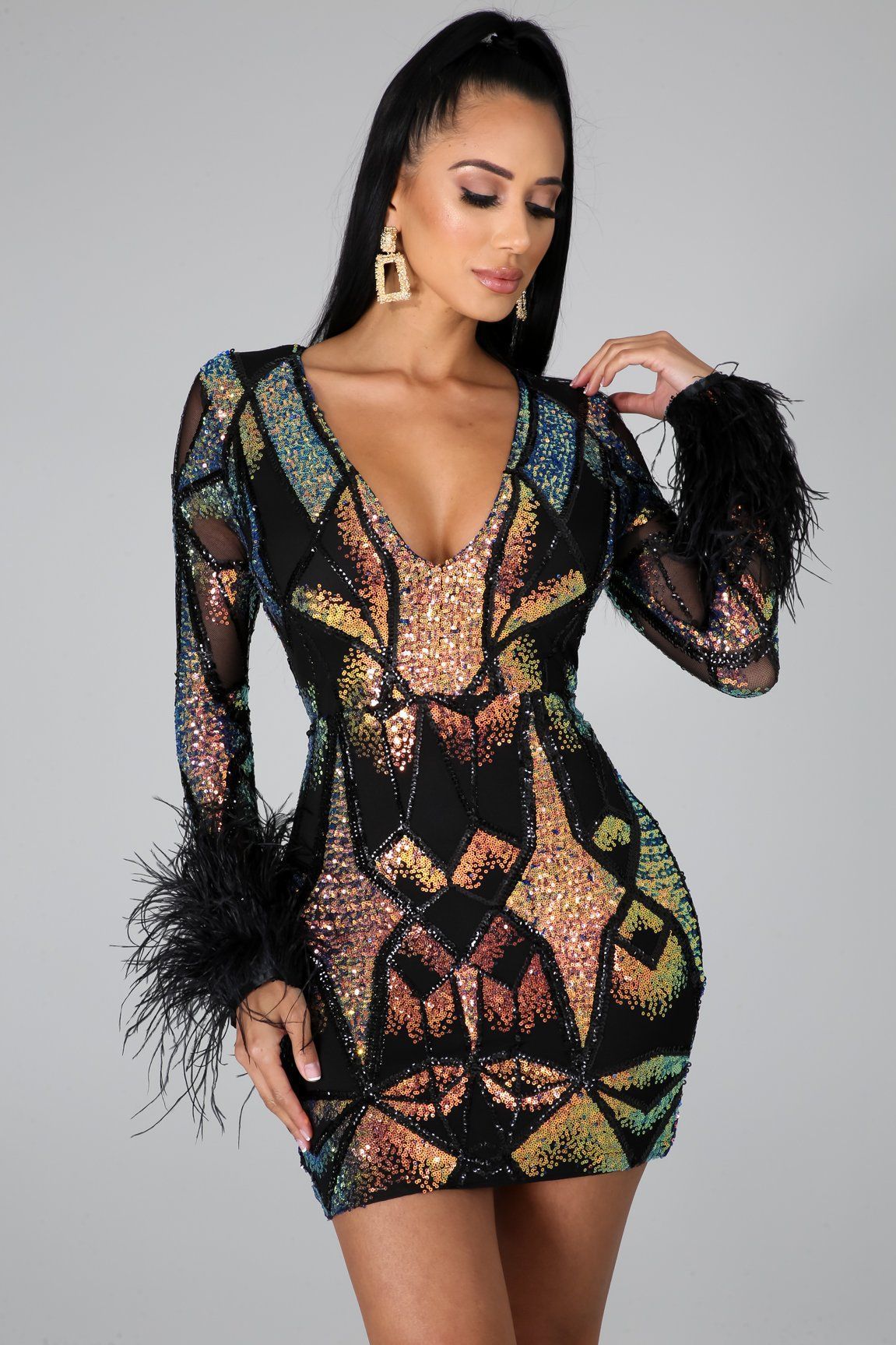 Sequined Sexy V-Neck Dress NSCYF68172