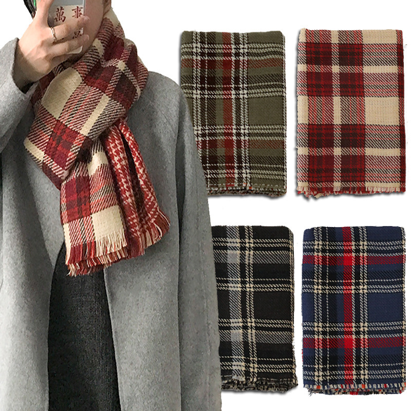 Vintage Plaid Scarf Korean Style Women's All-match Autumn and Winter Double-sided Thickened Houndstooth Shawl Christmas Student Scarf Fashion