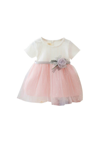Ladies' Summer New Children's Dress with Short Sleeve, Korean Version, Net Fabric Princess Dress for Baby Girls, Age 0-3, Stylish Skirt