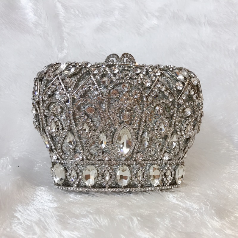 Túi xách tay dạ tiệc nạm pha lê hình vương miện, kiểu Âu Mỹ, kèm dây đeo chéo 17×9.5×13.5 cm — Màu xanh lam, Màu vàng, Màu bạc, Màu đỏ hoa hồng chi tiết 26