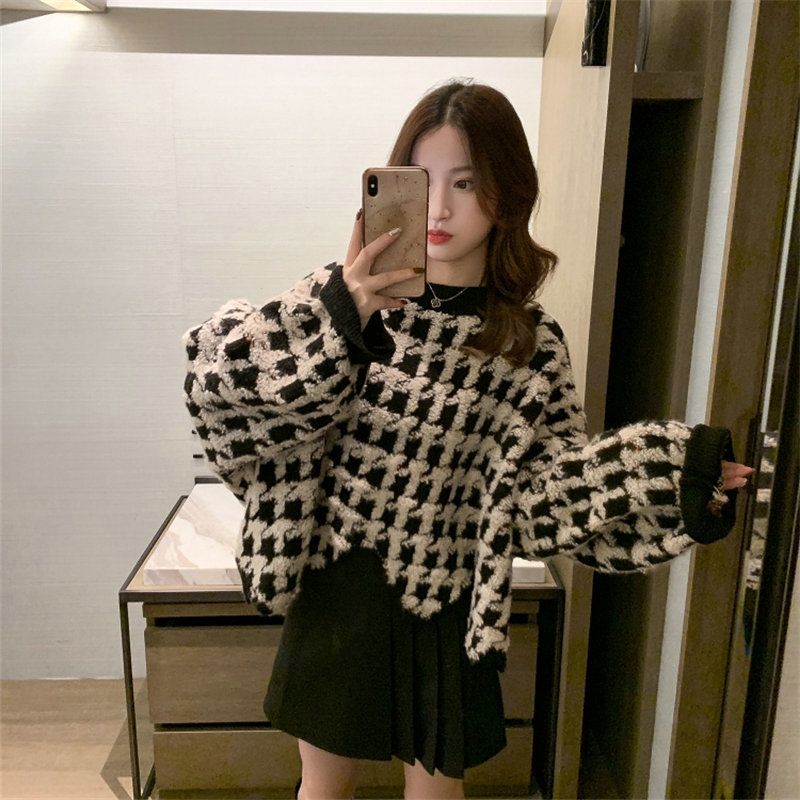 houndstooth Socket sweater Autumn and winter Korean Edition Irregular thickening keep warm Sweater Loose Short Sweater