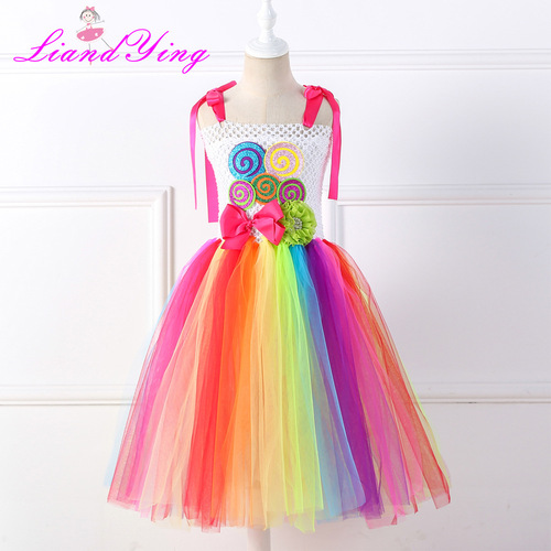 Children's Lollipop Dress, Mesh Tulle Tutu Skirt – Candy-Colored Rainbow Design for New Year’s Day Performance & Dance Wear, Girls’ Formal Gown