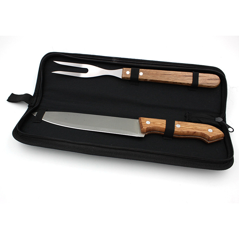 [Ventas directas de fábrica] conjunto de dos piezas de varios mango de madera cuchillo y tenedor Oxford bolsa traje de barbacoa herramienta de combinación