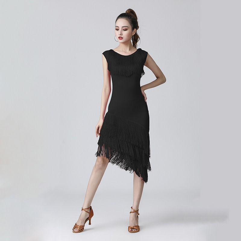 Women girls black red tassels Latin dance performance dresses modern