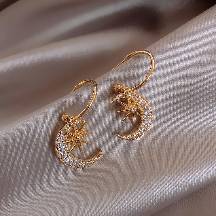 New Star Moon Full Diamond Gold-plated Earrings Korean Zircon Earrings Wholesale Nihaojewelry display picture 6