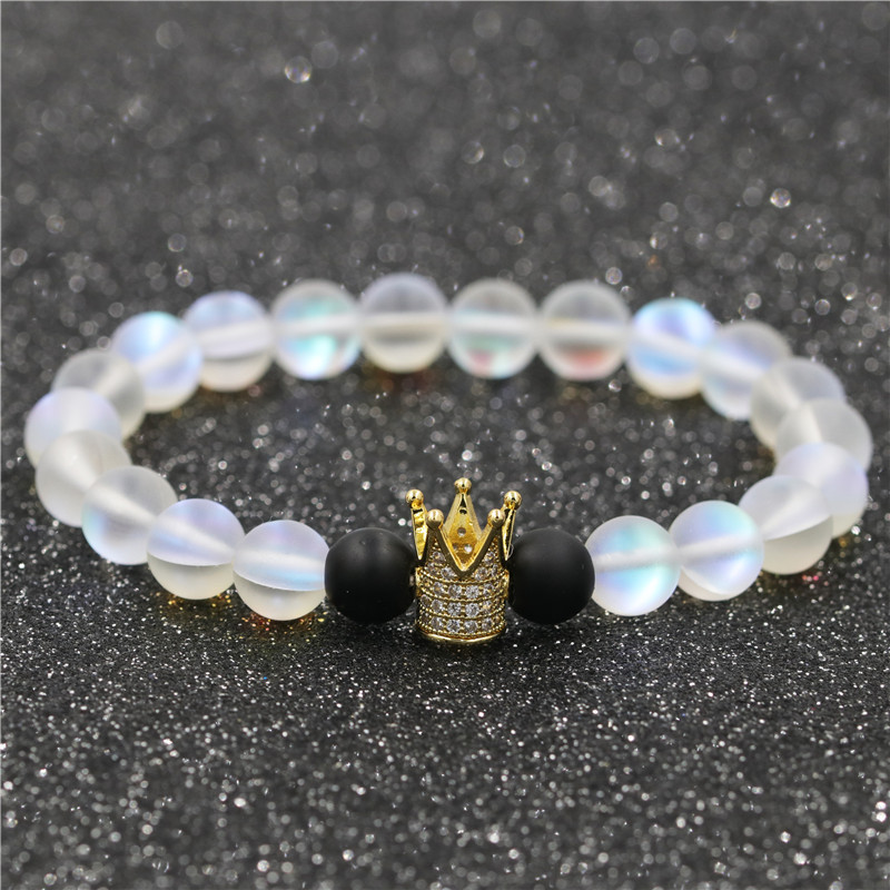 Hot Sale 8mm Matte Black Stone Moonstone White Turquoise Crown Couple Beaded Bracelet display picture 5