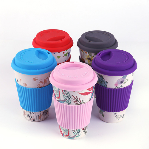 Creative and environmentally friendly bamboo fiber water cup, household silicone anti-scalding coffee cup with lid, office mug mug wholesale