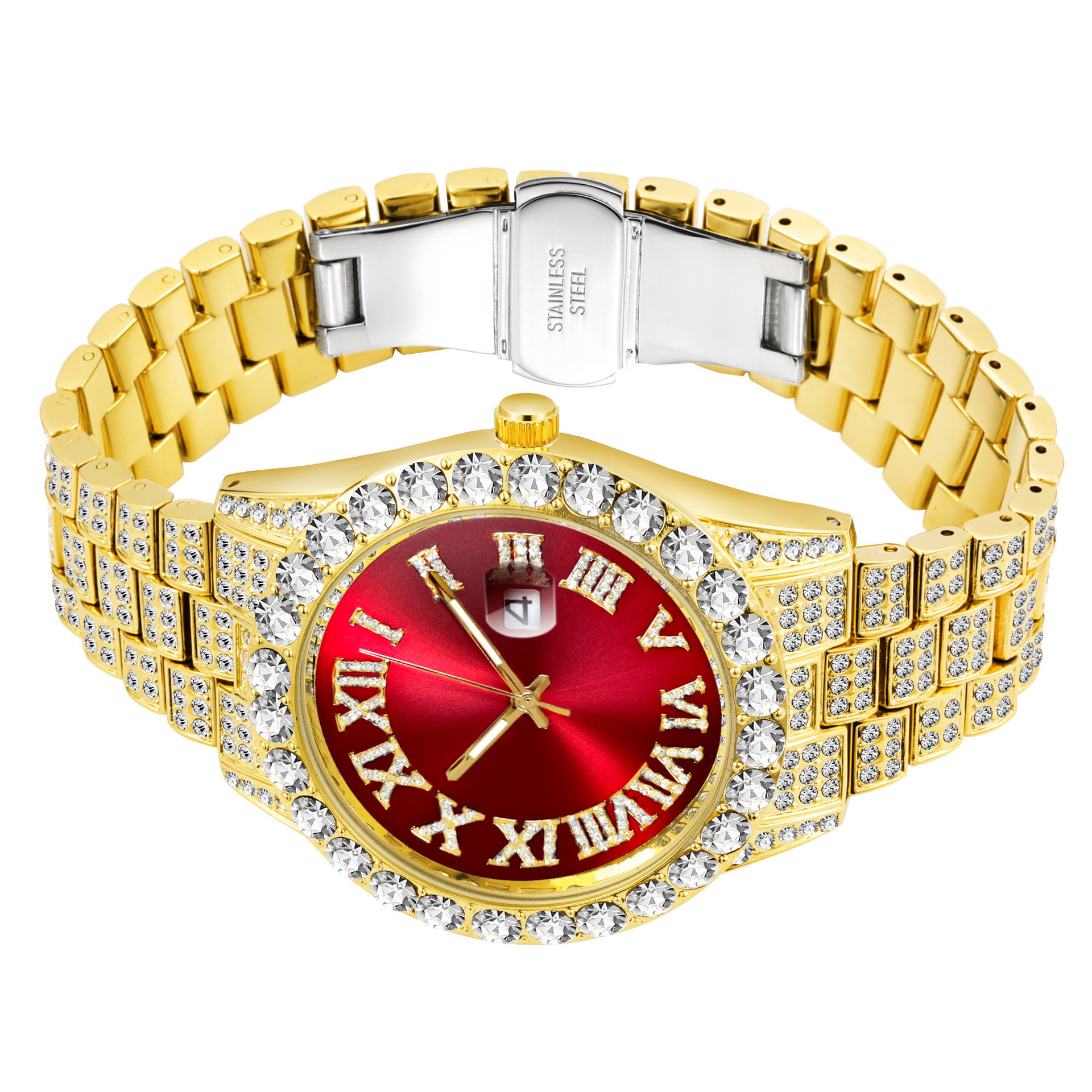 Missfox Europa y América hip hop 2643 tendencia de la moda rhinestone correa de los hombres reloj de cuarzo de moda reloj de diamante completo image 5