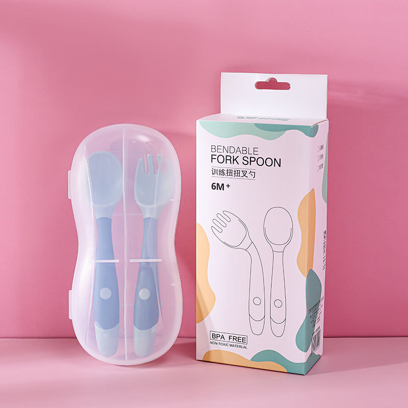 Directo de fábrica bebé aprendiendo a comer cuchara de entrenamiento suplemento alimenticio para bebé codo giro tenedor cuchara flexible niños vajilla