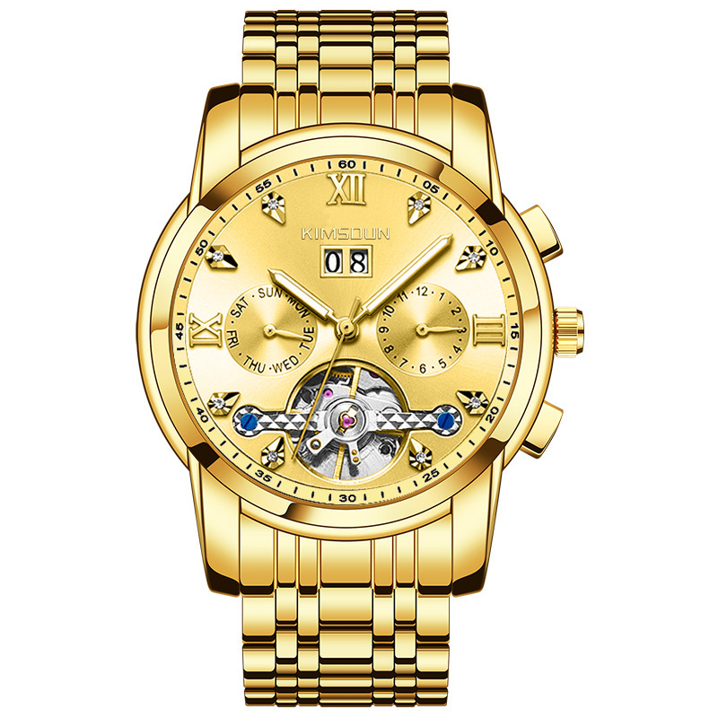 Kimsdun hombres correa de acero reloj mecánico automático calendario hueco volante impermeable reloj de pulsera mecánico K-1895A