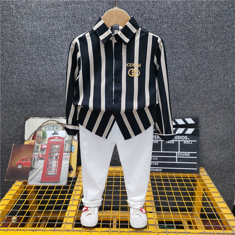 Boys' Korean Autumn Suit Handsome Children'S Long Sleeve Striped Shirt + Plain Casual Pants 2-Piece Set