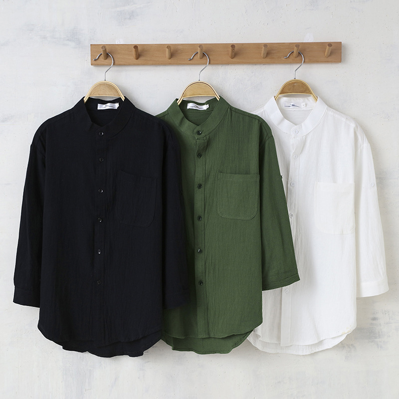 Summer Cotton and Linen 7 Three-Quarter Sleeve Shirt Men's Linen Plus Size Pure Color Mid-Sleeve Korean Style Trendyy Short-Sleeved Shirt Summer Cotton and Linen 7 Three-Quarter Sleeve Shirt Men's Linen Plus Size Pure Color Mid-Sleeve Korean Style Trendyy Short-Sleeved Shirt