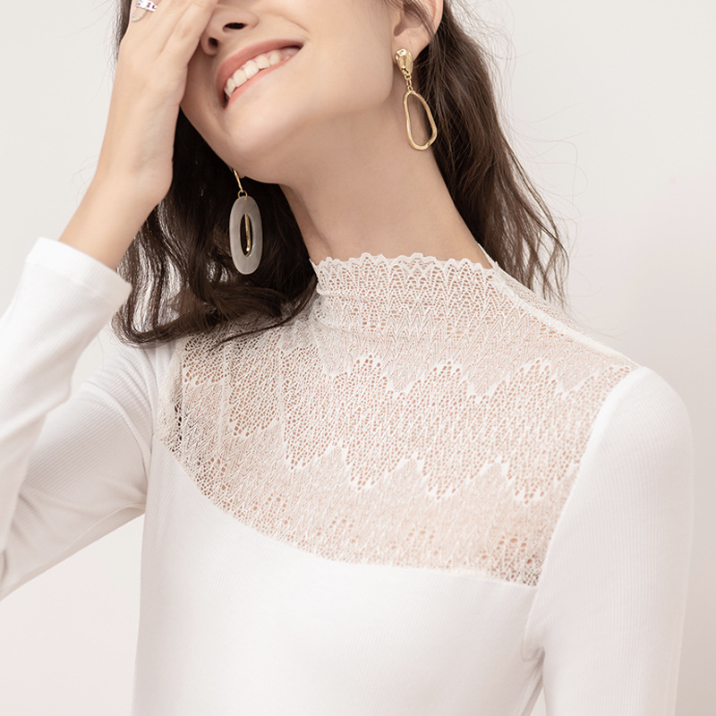 CANVAUS nueva Mitad de cuello alto costura blanco solo desgaste manga larga encaje bottoming camisa camiseta de las mujeres de moda superior