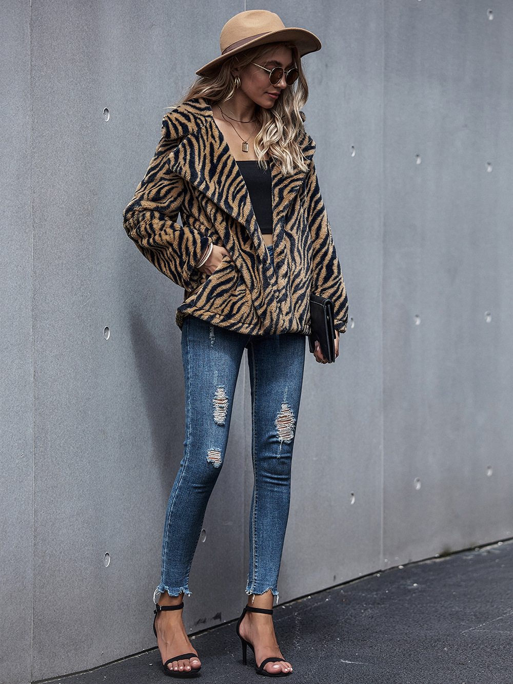 fashion tiger print long-sleeved lapel autumn jacket wholesale NHDF96