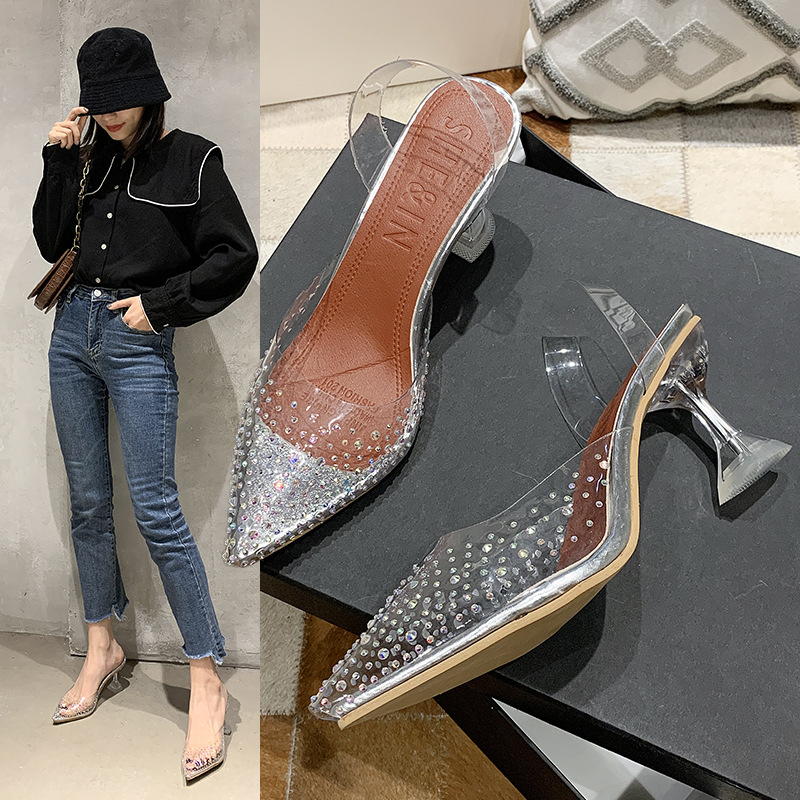 Women 2024 summer new Korean style transparent rhinestone stiletto heel pointed toe large size outer wear sandals_voghion.com