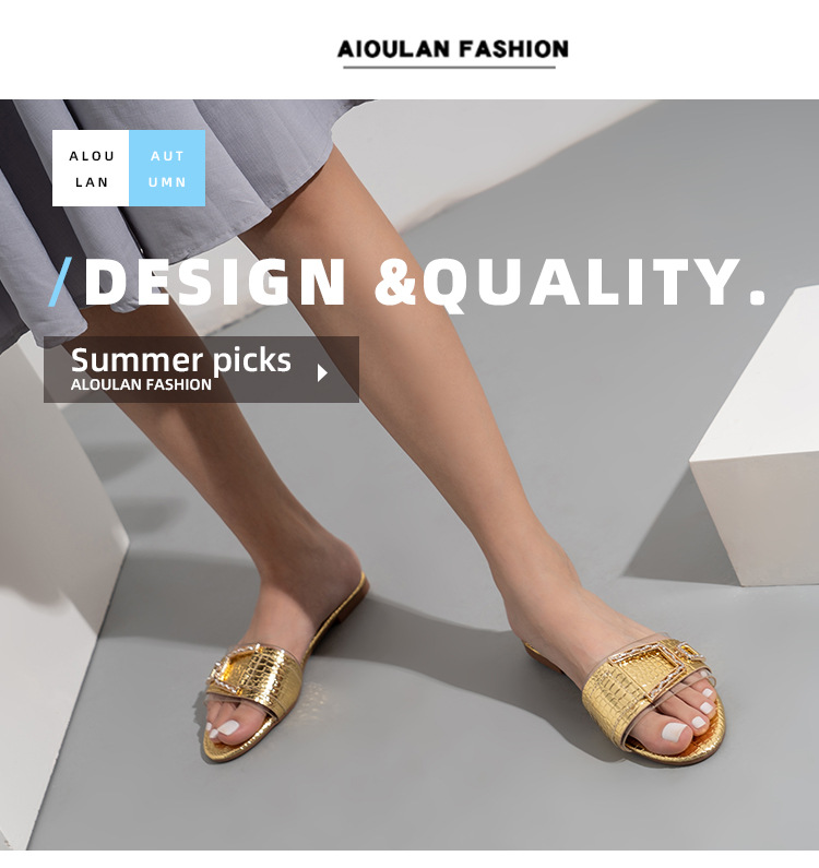 Cfxxy Cross Border Stone Pattern Flat Women S Sandales Pantoufles Mode Strass Boucle De Ceinture_voghion.com