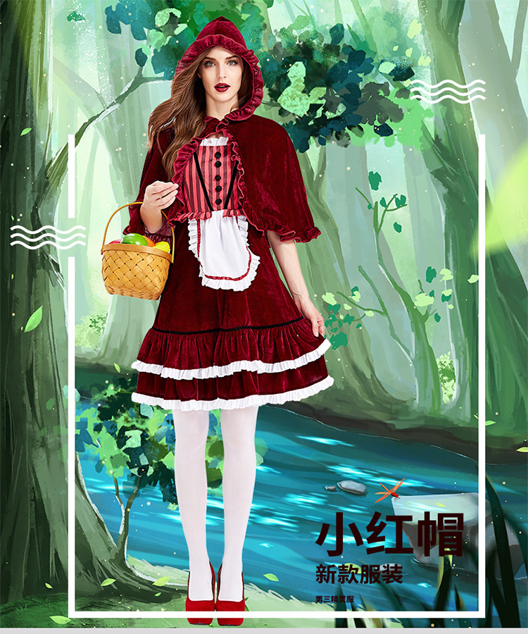 Halloween Costume New Foreign Trade Dress Striped Wine Red Lace Shawl Little Red Riding Hood Party Costume Short Skirt display picture 1