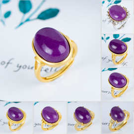天然高瓷油润紫云母戒指 S925纯银镀金 古法金款镶嵌戒指时尚饰品