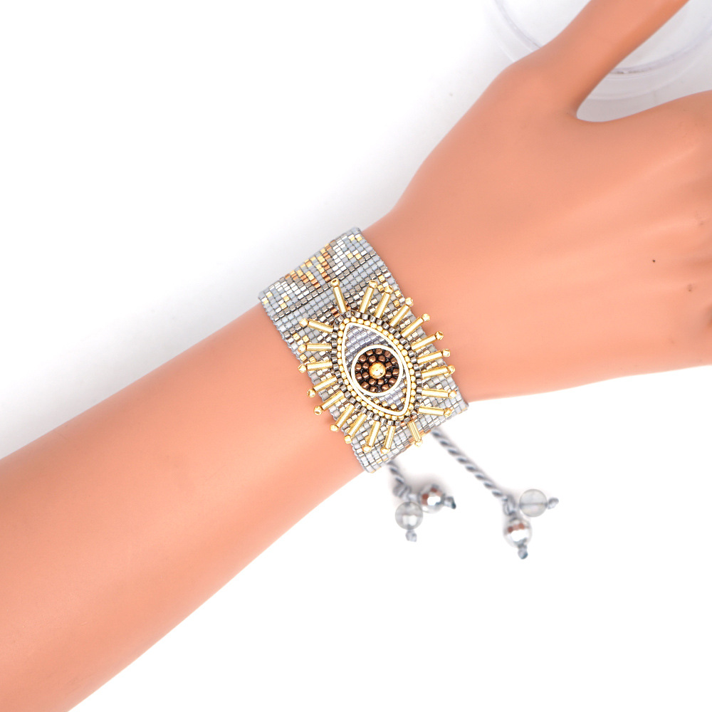 12g Weight No Inlaid Inlay Material Bracelets Classification Anniversary, Business, Travel Occasion Eye Pattern Unisex Gender Knitting Design Fashion Style European And American New Miyuki Rice Beads Hand-woven Turkish Devil Eyes Personality Stacking Wide Bracelet 9