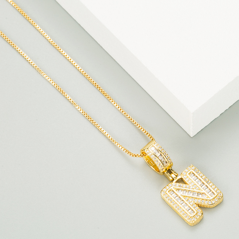 white gem  copper plated real gold 26 English letters necklace