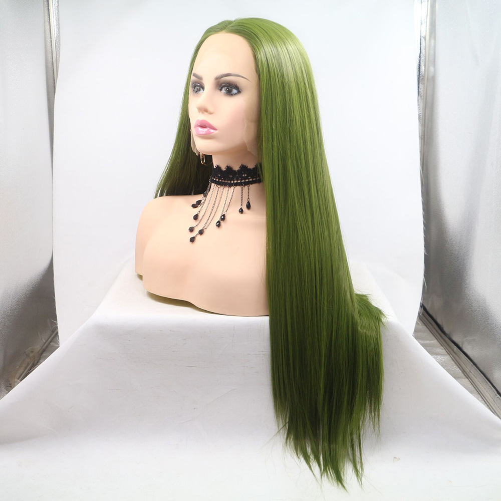 Peluca de fibra química de moda europea y americana, cabello largo verde, cabello lacio, casco de seda de alta temperatura al por mayor