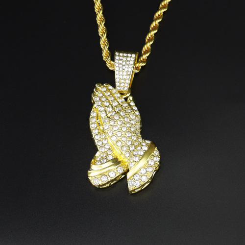 Euro-American minimalist influencer-style vintage hip-hop diamond-studded alloy necklace for trendy men, featuring a hiphop-inspired Buddha hand pendant.