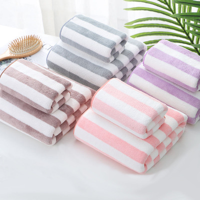 新款加厚珊瑚绒浴巾毛巾两件套 吸水柔软速干条纹浴巾两件套现货|ms
