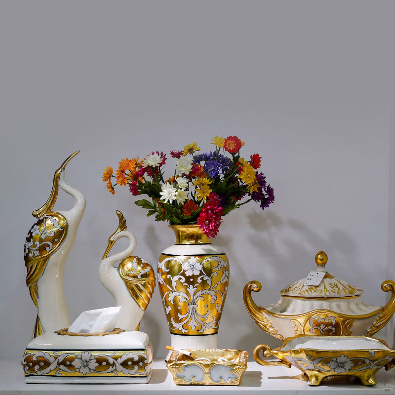 创意欧式电镀金陶瓷花瓶客厅餐桌茶几抽纸盒装饰书房书柜书立摆饰|ms