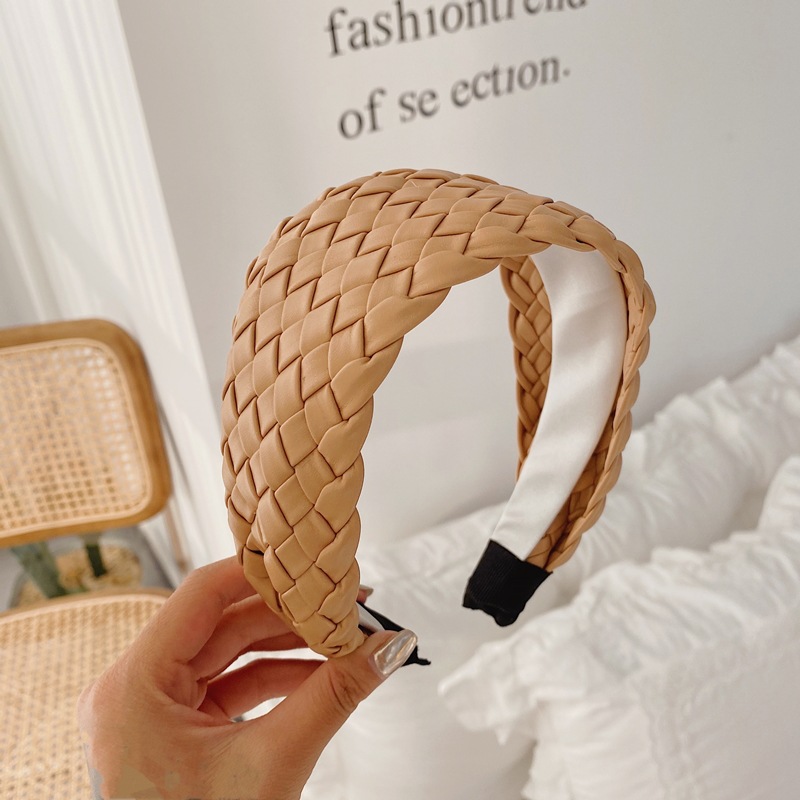 Estilo coreano tejido de ala ancha diadema de moda nuevo elegante imitación de cuero PU diadema Internet celebridad cara lavado cabello paquete malla pelo grutas para las mujeres