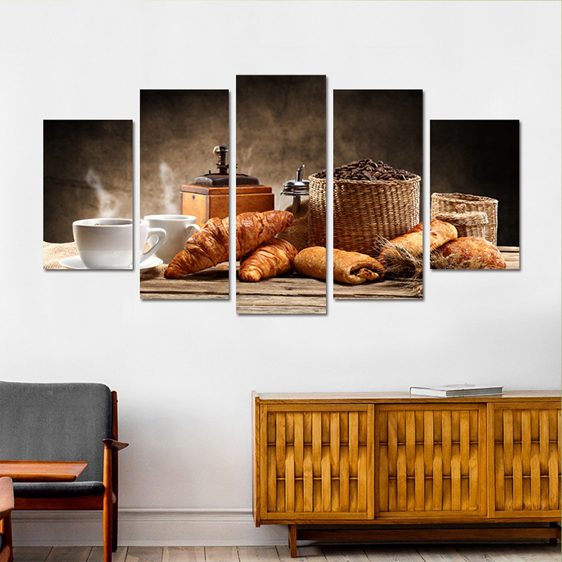 复古图片咖啡面包厨房五联拼画家居客厅沙发卧室装饰挂画壁画