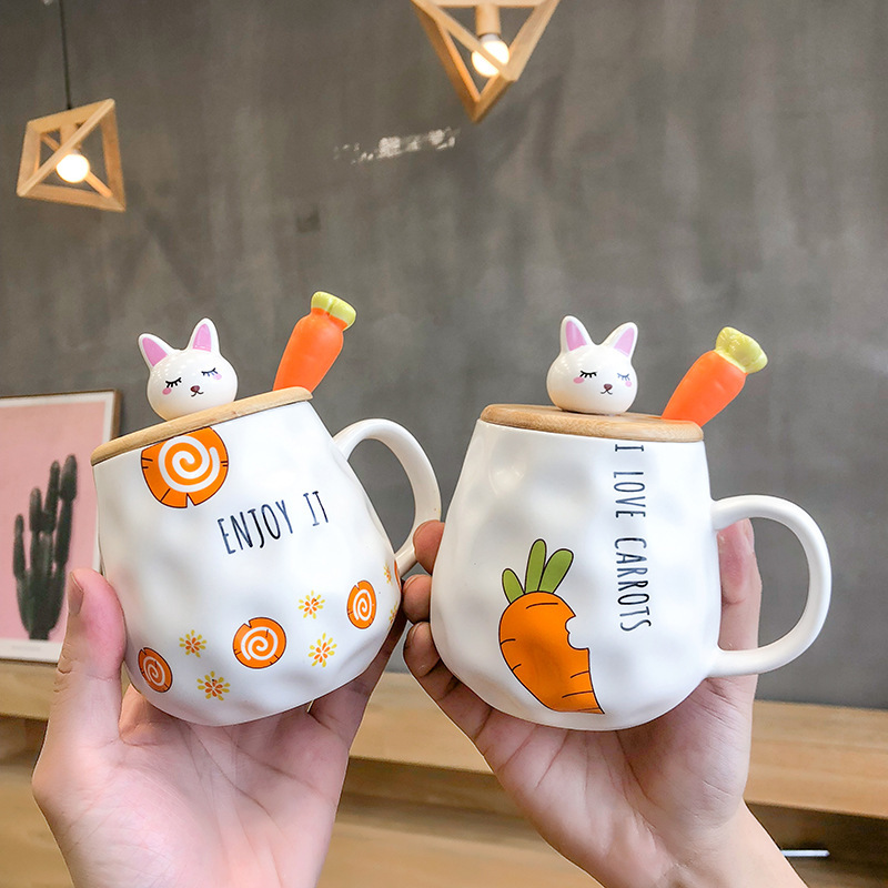 Cartoon radish rabbit wooden cover ceramic cup cute radish spoon…