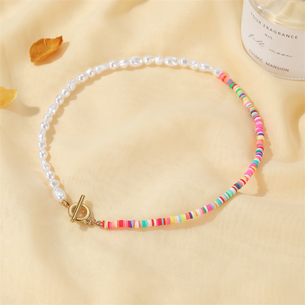 New Bohemian Style Colored Soft Ceramic White Pearl Clavicle Chain Contrast Color Alloy Necklace display picture 7