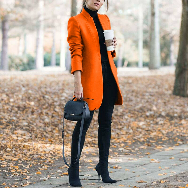 Long woolen coat (Amazon) fitted stand‑collar demi‑season, lightweight, multiple sizes