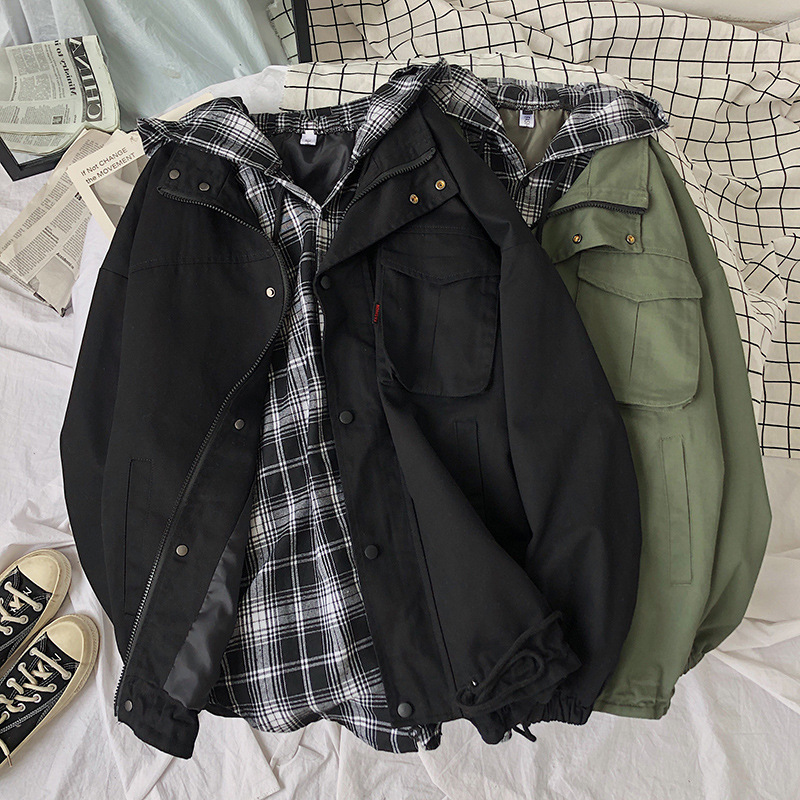 2020 Autumn New Hong Kong style jacket men's fashion brand tooling fake two-piece hooded jacket plus size trendy handsome top