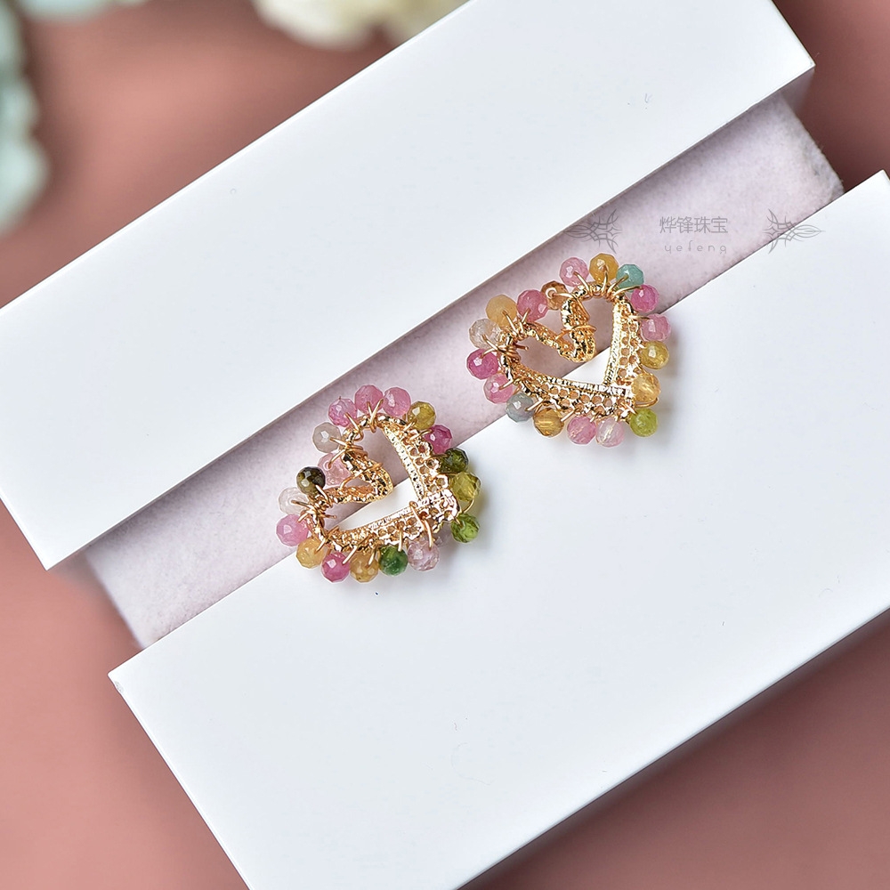 Heart Shape Pattern 1 Pair Retro Classic Style Heart Shape Tourmaline Copper 14K Gold Plated Ear Studs