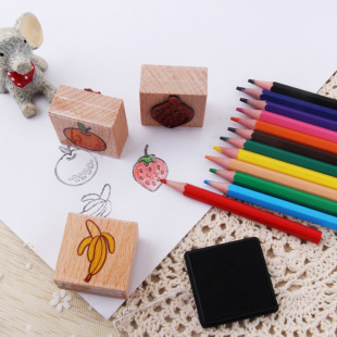 Manufacturer Wooden Stamp Animal Fruit Stamp Pencil Ink Pad Set Creative DIY Handbook