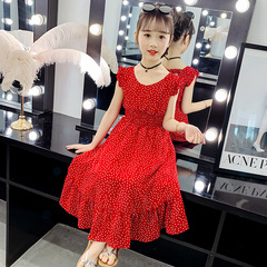 女童雪紡連衣裙2024新款夏裝洋氣中長款沙灘小童中大童露肩碎花裙