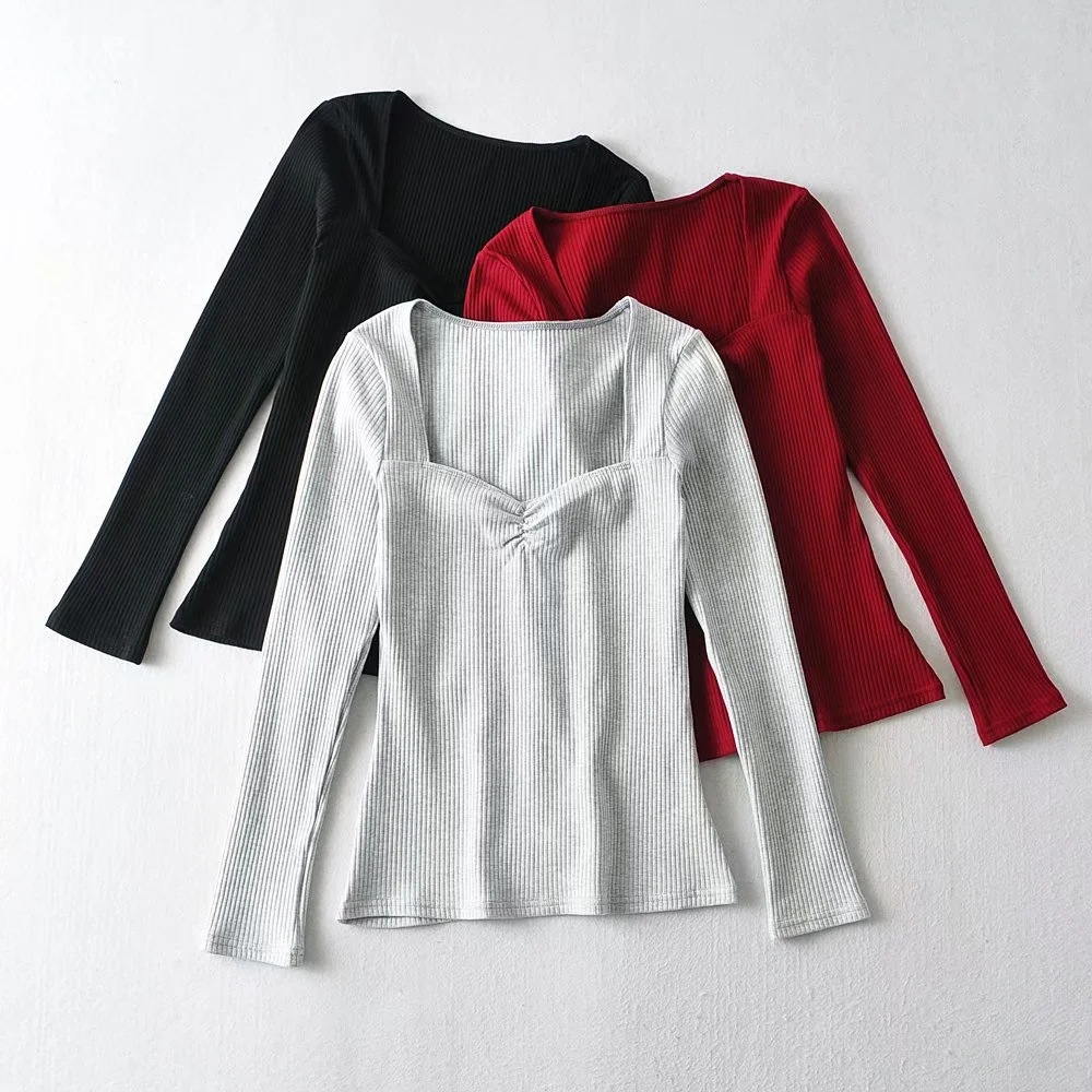 fashion square neck long-sleeved pleated T-shirt  NSAC14936