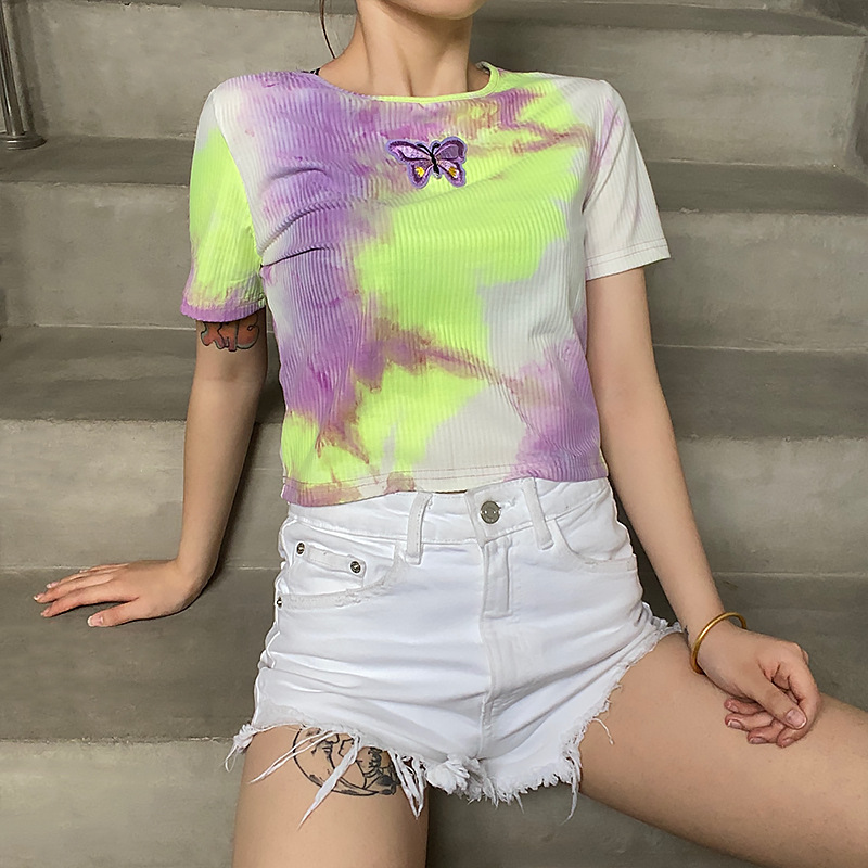 short-sleeved summer new butterfly round neck all-match slim tie-dye cropped T-shirt NSMEI55109