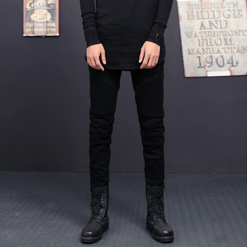 Men's jeans with personalized trendy folds, slim fit and elastic fit, men's fashionable pants_voghion.com