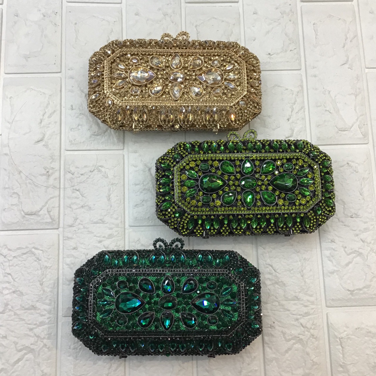 Túi clutch dạ tiệc hình vuông đính đá rhinestone phong cách Âu Mỹ — Màu Xanh Cỏ chi tiết 22